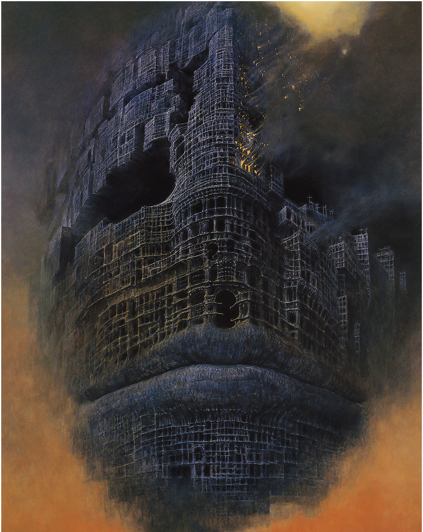 Untitled (1980) by Zdzislaw Beksinski — a dark, towering structure emerging from fog